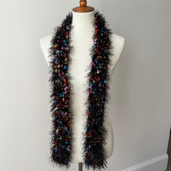 Handmade Multicolored and Black Frill Scarf 57" Long - Picture 1 of 7